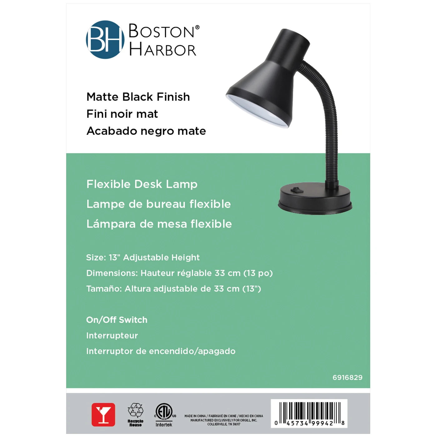 Boston Harbor TL-TB-134-BK-3L Gooseneck Desk Lamp, Black, 16.5 In.
