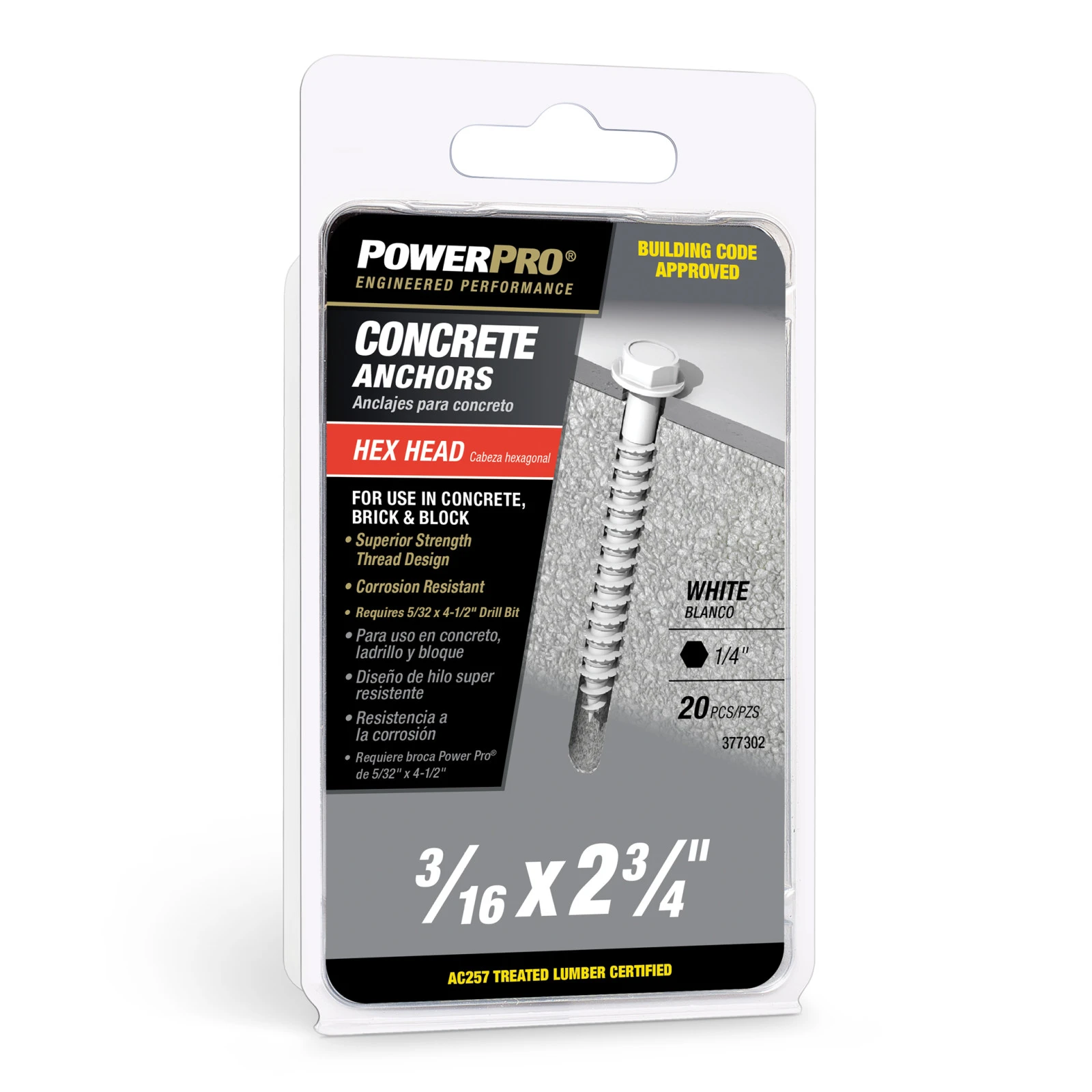 20pk 3/16x2-3/4 Hex Scw Achr WHT
