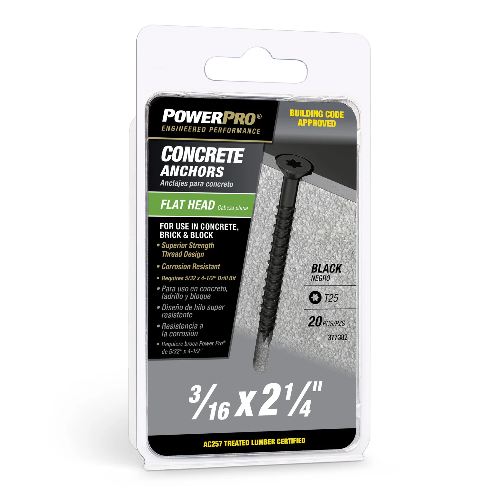 Extra‑Length Black Concrete Screw 3/16 × 2‑¼ in – XL‑FL PPBK