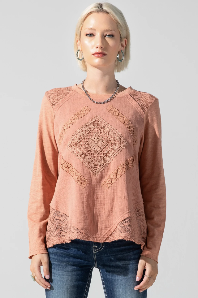 LS CROCHET WOVEN TOP MAV PINK S