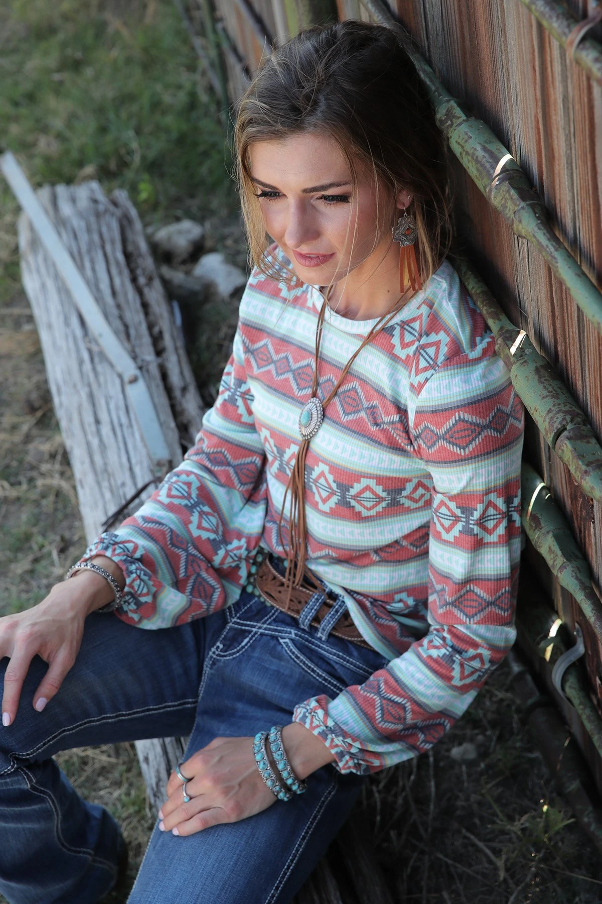 WMS LS KNIT AZTEC SHIRT M