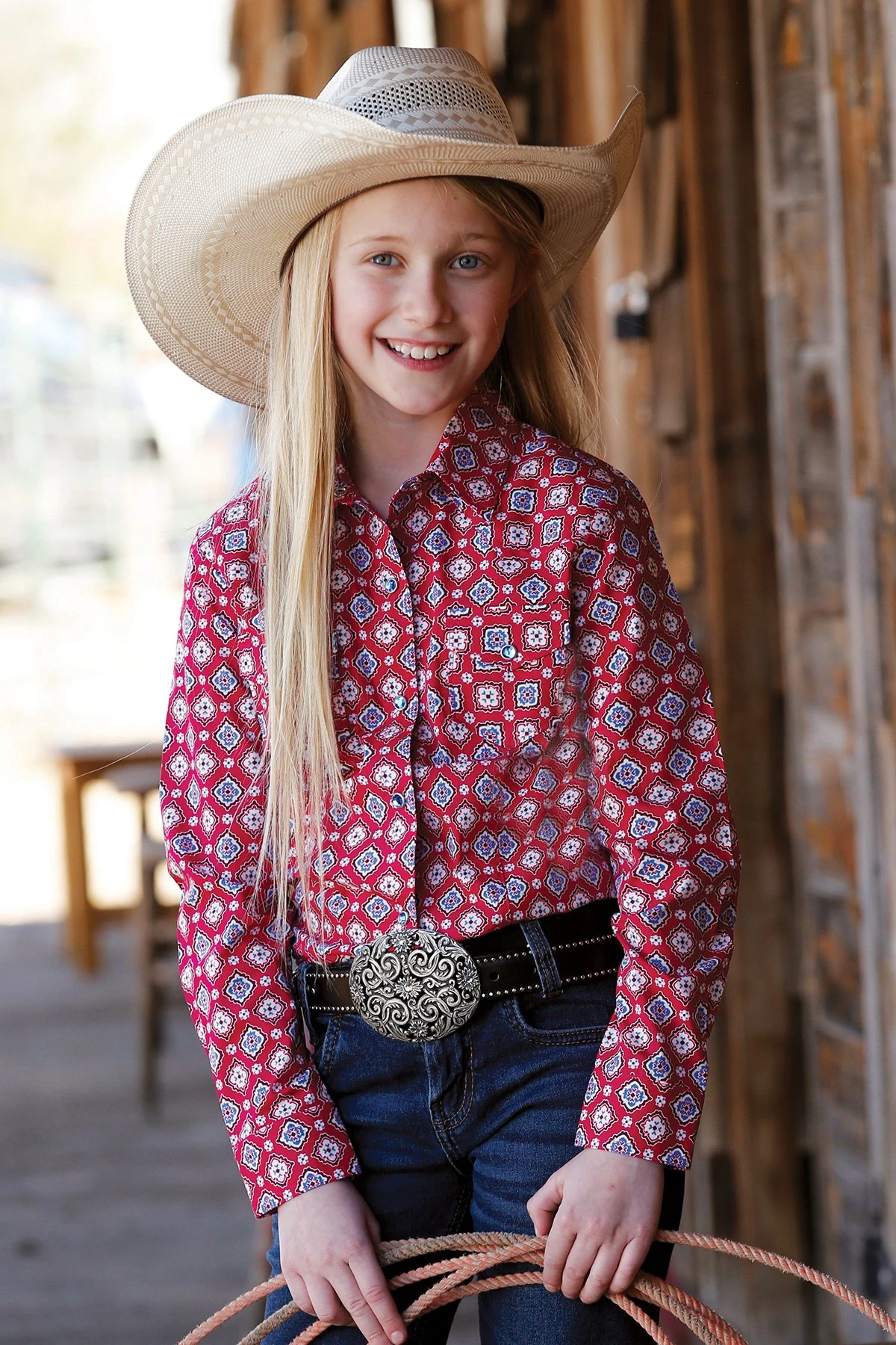 CRUEL DENIM GIRLS MEDALLION PRINT WESTERN SHIRT, PINK, 2XL