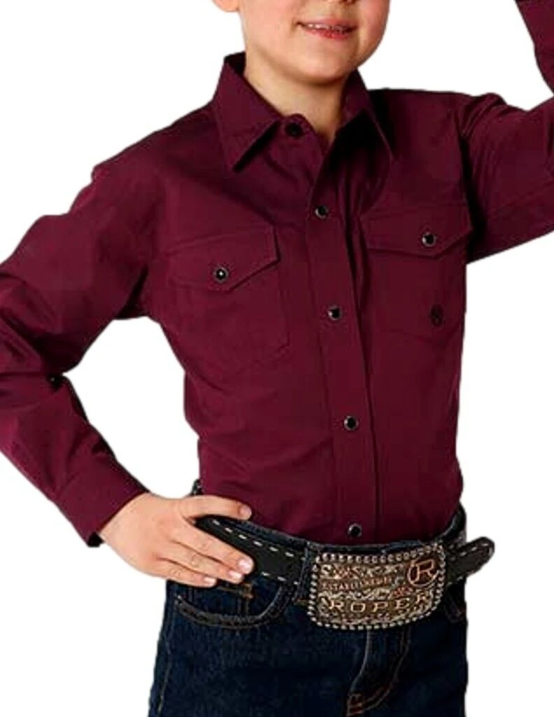 ROPER WESTERN SHIRT BOYS LONG SLEEVE SOLID WINE, LARGE