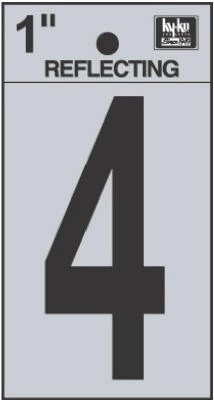 Address Numbers,  4 , Reflective Black/Silver Vinyl, Adhesive, 1-In.