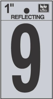 House Address Number 9, Reflective Black/Silver Vinyl, Adhesive, 1-In.