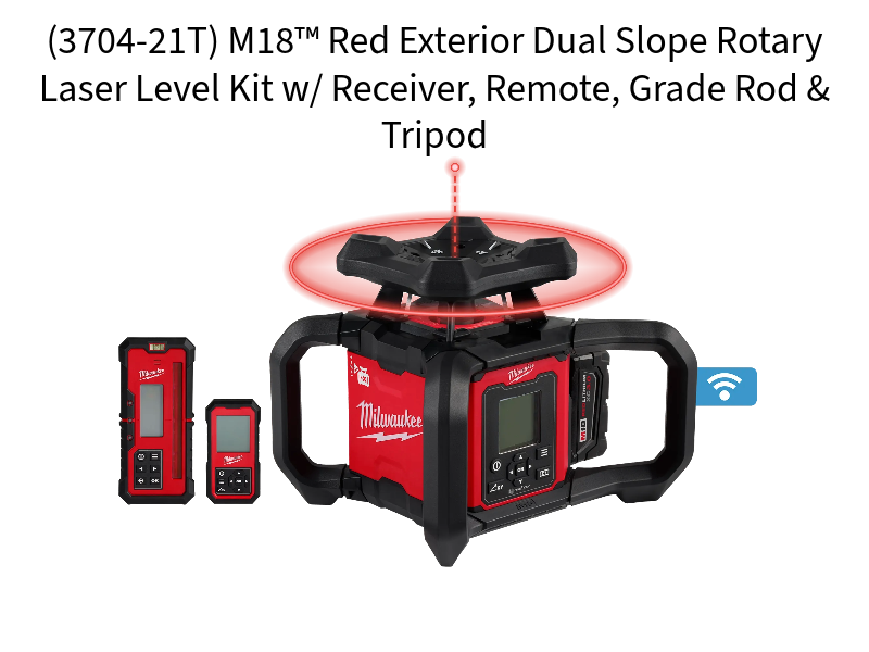 (3704-21T) M18™ Red Exterior Dual Slope Rotary Laser Level Kit w/ Receiver, Remote, Grade Rod & Tripod