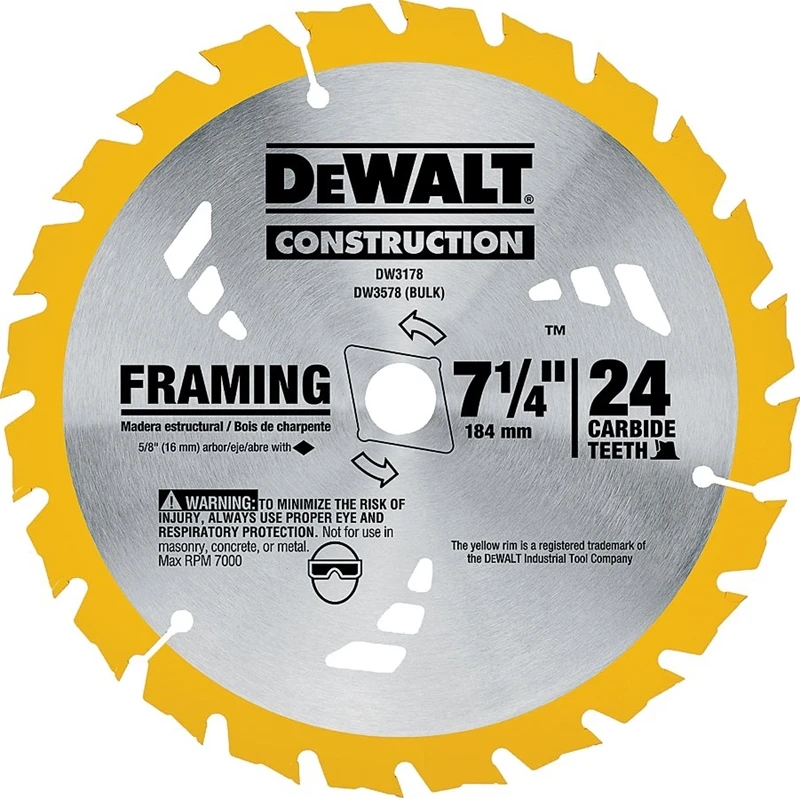 DeWALT DW3578B10 Framing Blade, 7-1/4 in Dia, 5/8 in Arbor, 24 -Teeth, Carbide Cutting Edge