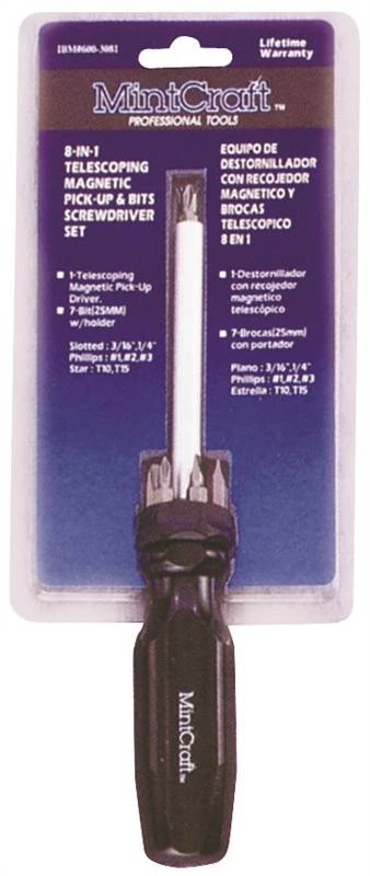 Vulcan 8-In-1 Telescoping Multi-Bit Screwdriver, 8 Pieces, Slotted, Phillips, Star, 8660 Steel