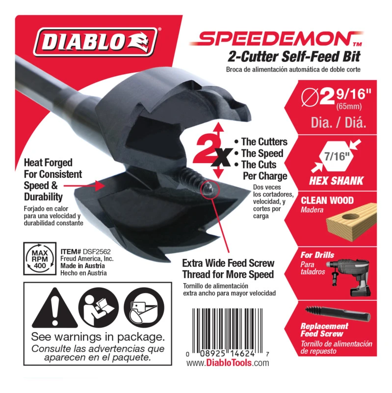 Diablo DSF2562 Drill Bit, 2-9/16 in Dia, 5-1/8 in OAL, Self Feed, 7/16 in Dia Shank, Hex Shank