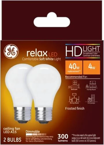 GE Relax 31374 Replacement Bulb, High-Definition, A15 Lamp, 40 W Equivalent, Medium (E26) Lamp Base, Dimmable, White