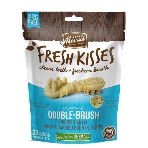 Merrick Fresh Kisses Mint Breath Strips Extra Small Brush Dental Dog Treats, 33 Count, 10 OZ