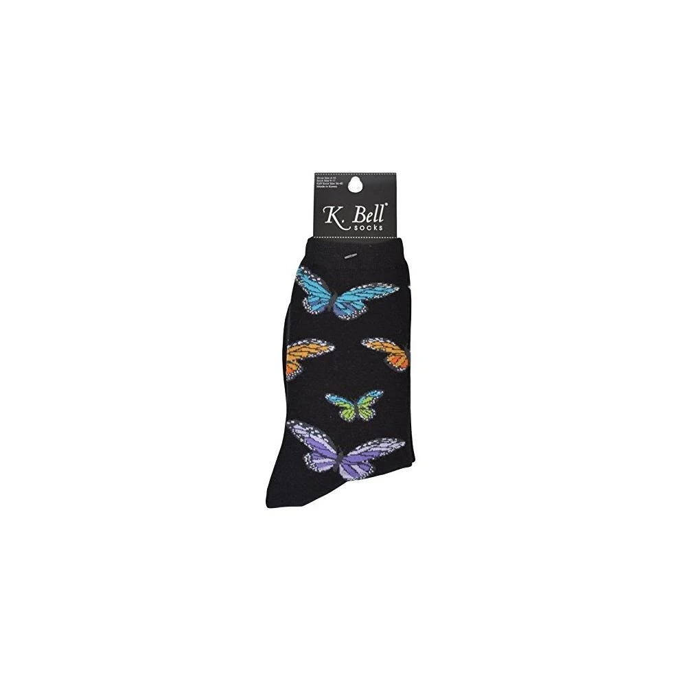 Colorful Butterflies Crew Socks, Black, Sock Size 9-11, Shoe Size 4-10
