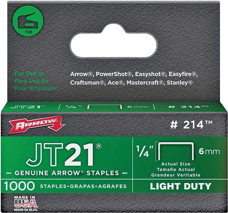 Arrow JT21 Series 214 Staple, 1/4 in W Crown, 1/4 in L Leg, 0.03 ga