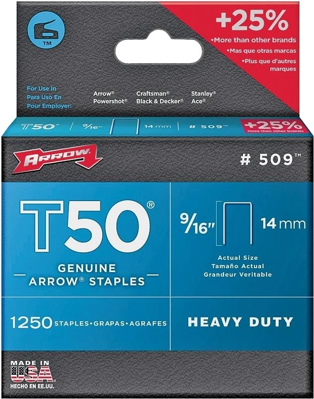 Arrow T50 Series 50924 Staple, 3/8 in W Crown, 9/16 in L Leg