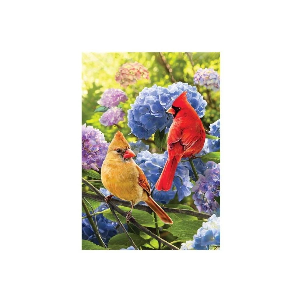 3638fm Cardinals In Hydrangeas Double Sided Garden Flag