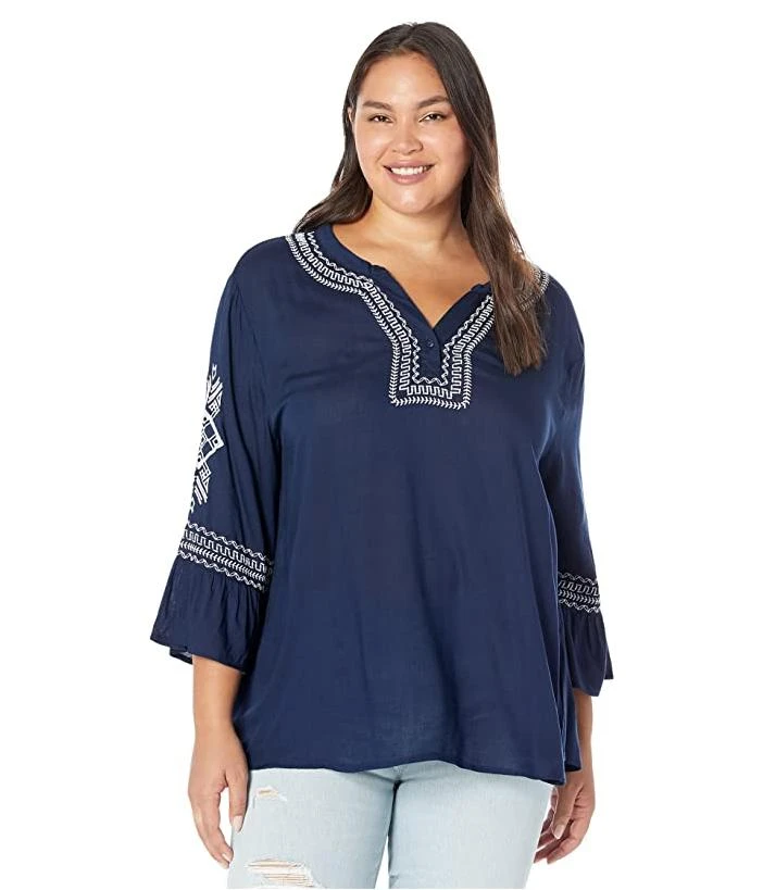 Roper Plus Size Rayon Challis Peasant Blouse w/ Geometric Embroidery