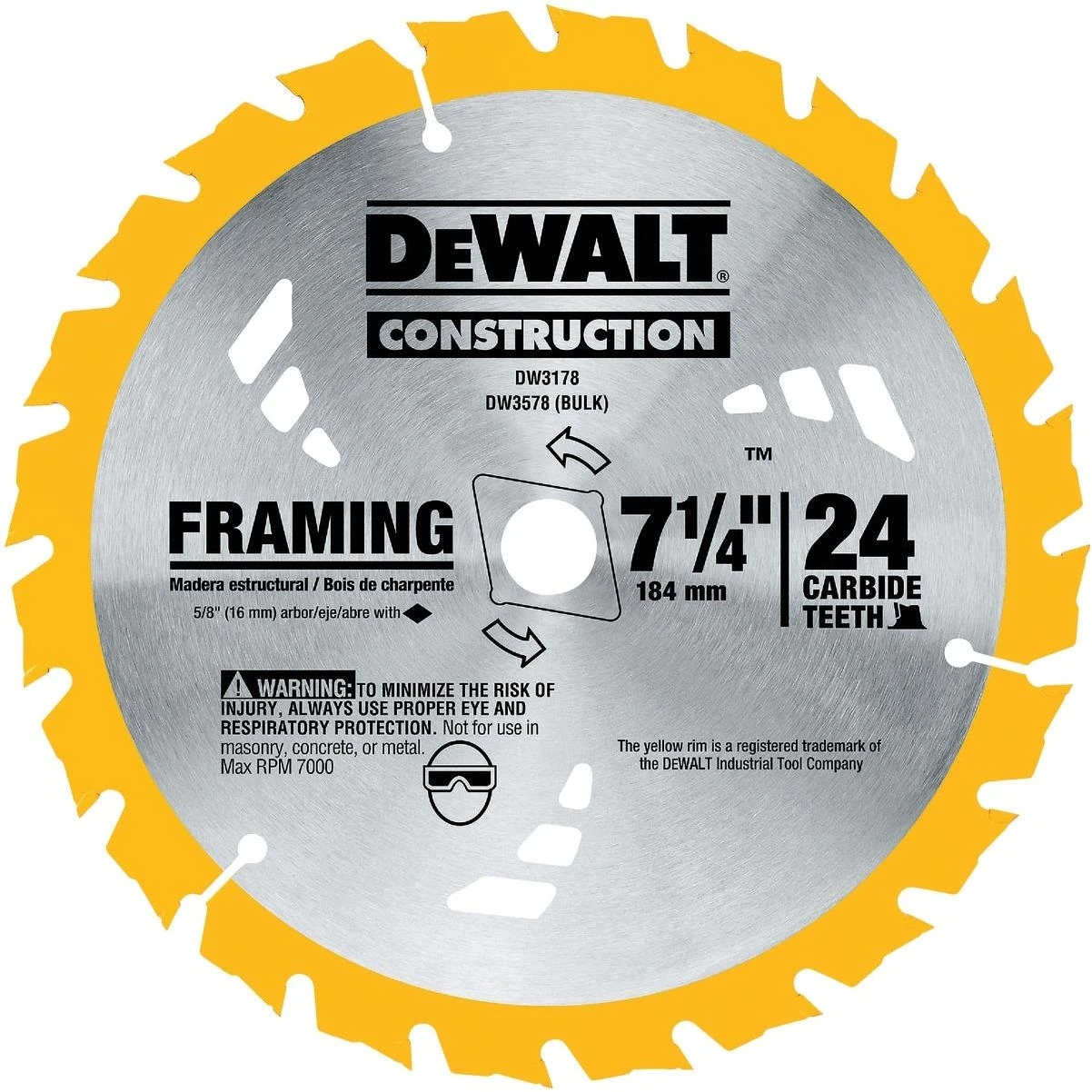 DeWalt Construction 7-1/4 In. 24-Tooth Framing Circular Saw Blade, Bulk