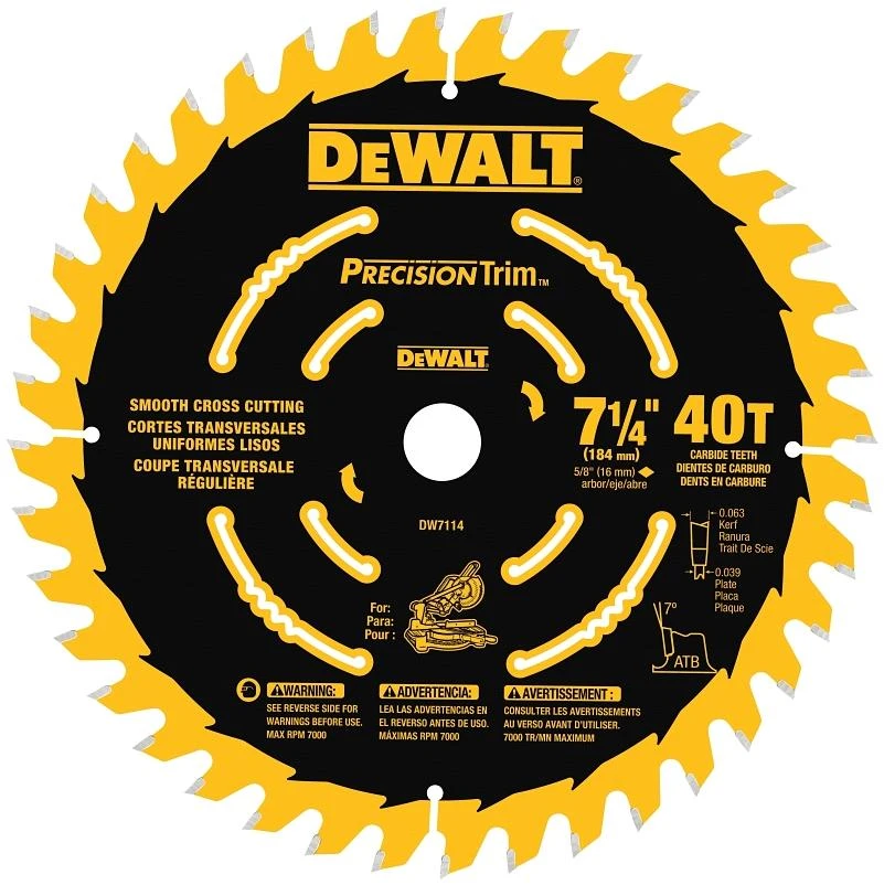 DEWALT DW7114PT Miter Saw Blade, 7-1/4 in Dia, 40-Teeth, Carbide Cutting Edge