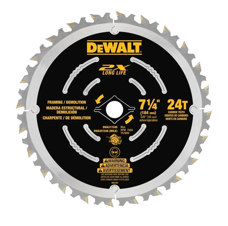 DEWALT DWA35724DB10 Saw Blade, 7-1/4 in Dia, 5/8 in Arbor, 24-Teeth, Carbide Cutting Edge, Applicable Materials: Wood