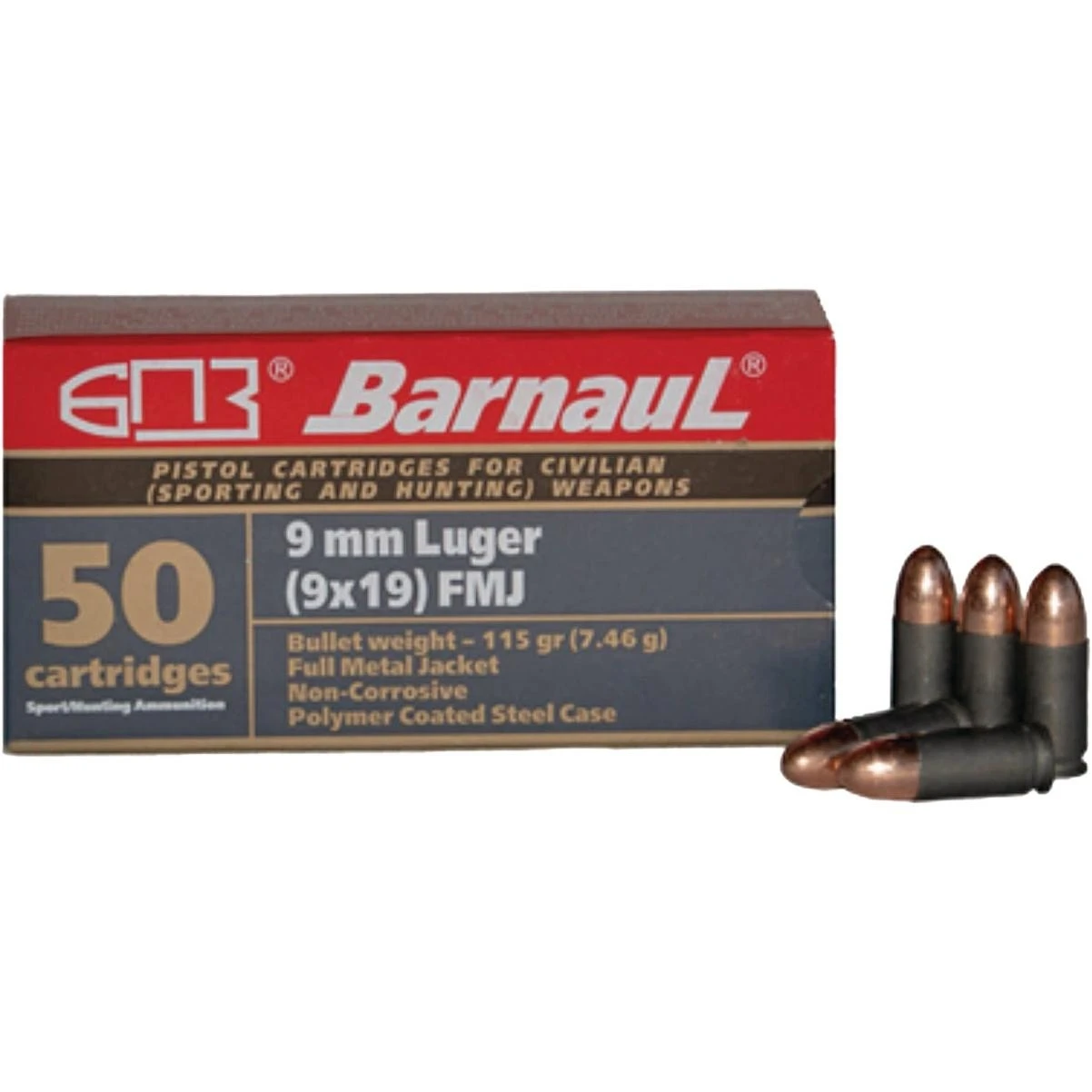 Barnaul 9mm Luger 115 Grain Fmj Centerfire Ammunition 50 Rounds