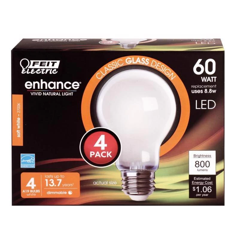 Feit Electric A19 LED Filament Bulb – 60W Equivalent, E26 Base, General‑Purpose Light