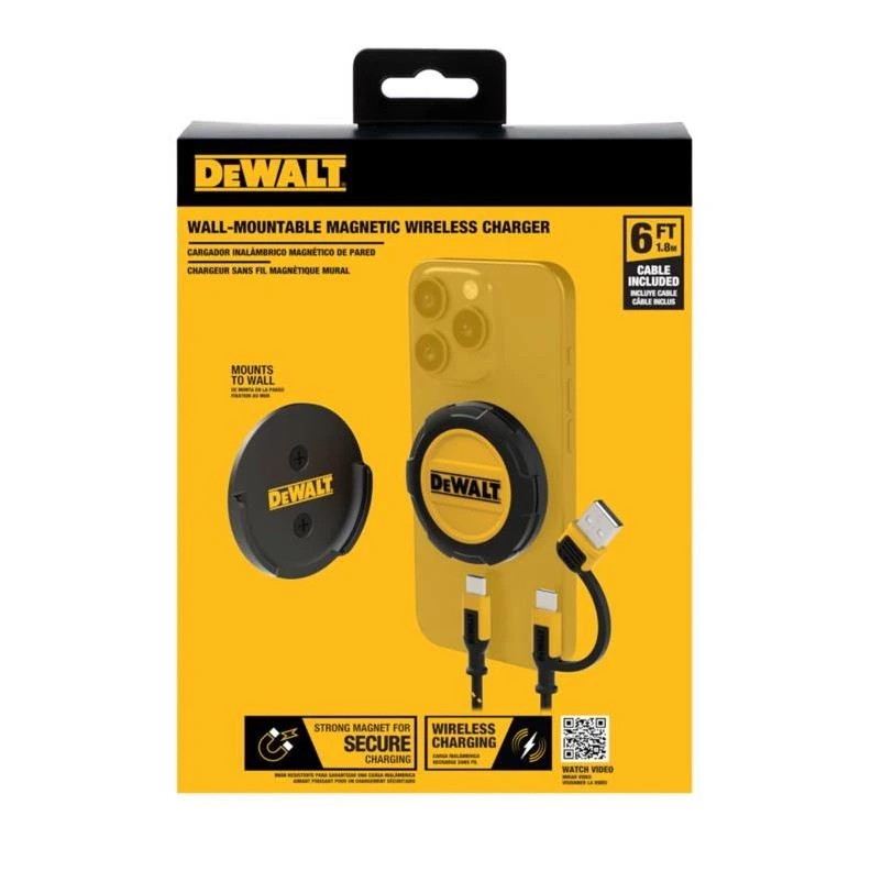 DEWALT DW2 Magnetic Wall‑Mount Wireless Charger – 6‑ft USB Cord, iPhone 15 & MagSafe Ready