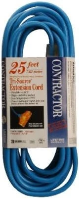25 Foot 14 Gauge 3 Conductor SJTW Blue Power Block Extension Cord