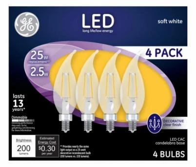 Decorative LED Light Bulbs, Candelabra Base, Soft White, Clear, 200 Lumens, 2.5 Watt, 4-Pk.