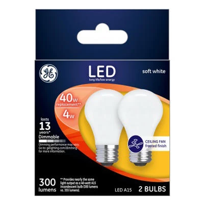 Ceiling Fan LED Light Bulbs, Soft White, Frosted, Dimmable, 300 Lumens, 4 Watt, 2-Pk.