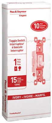 Pass & Seymour Single Pole Toggle Light Switch, 15-Amp 120-Volt, Ivory, 10-Pk.