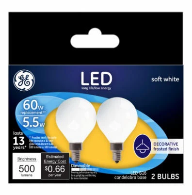 Decorative LED Light Bulbs, Candelabra Base, Soft White, Frosted, Dimmable, 500 Lumens, 5.5 Watt, 2-Pk.