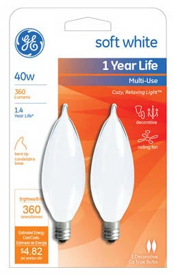 Candelabra Light Bulb, Bent-Tip, Frosted, 40-Watts, 2-Pk.