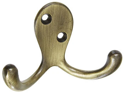 Robe Hook, Double-Prong, Antique Brass