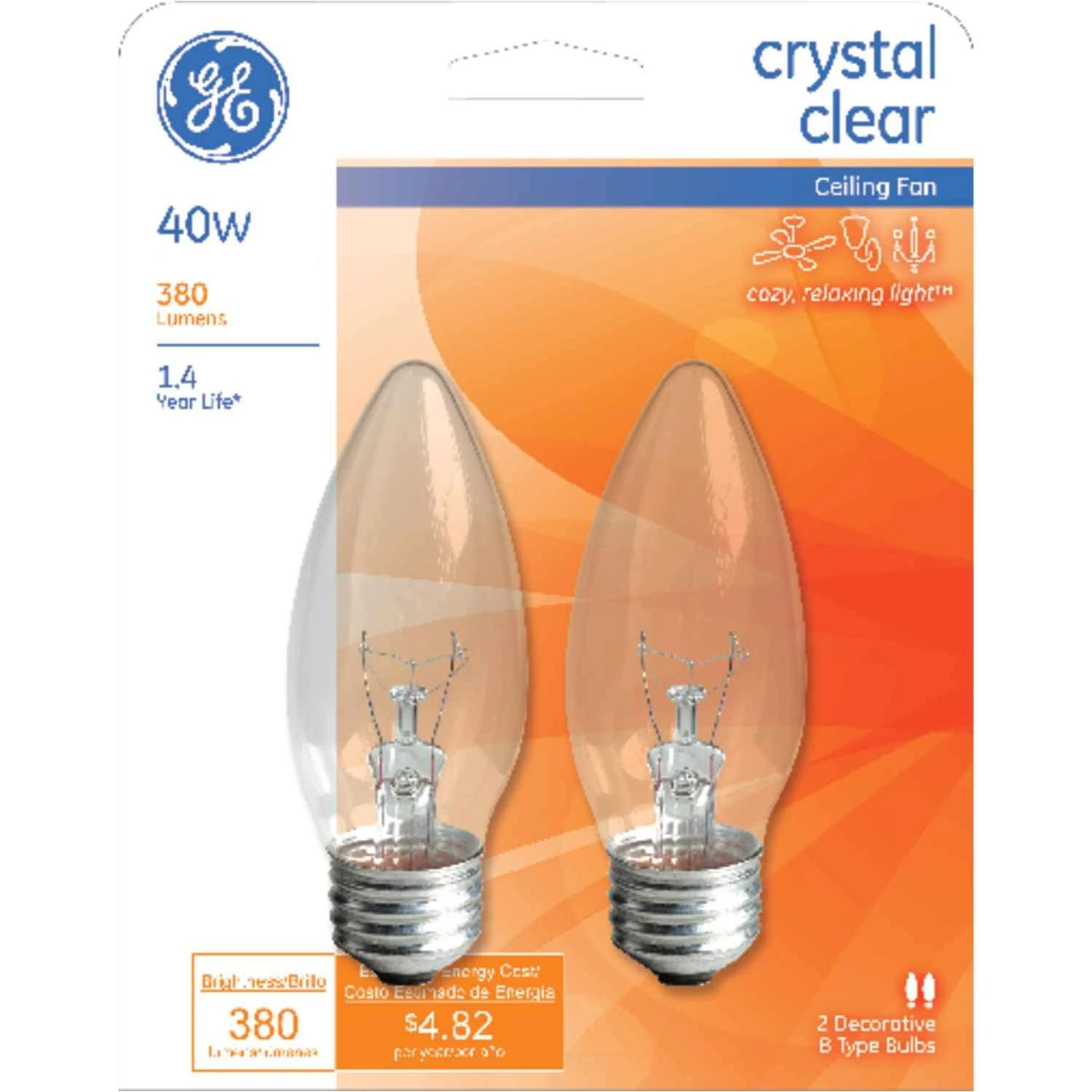 GE 40 watts B13 Incandescent Bulb 380 lumens Soft White Decorative 2 pk