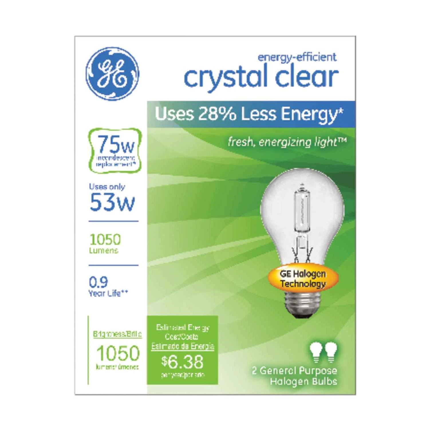 GE 53 watts A19 Halogen Bulb 1050 lumens Daylight 2 pk A-Line