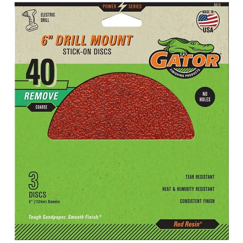 Gator 3013 Sanding Disc, 6 in Dia, 40 Grit, Extra Coarse, Aluminum Oxide Abrasive