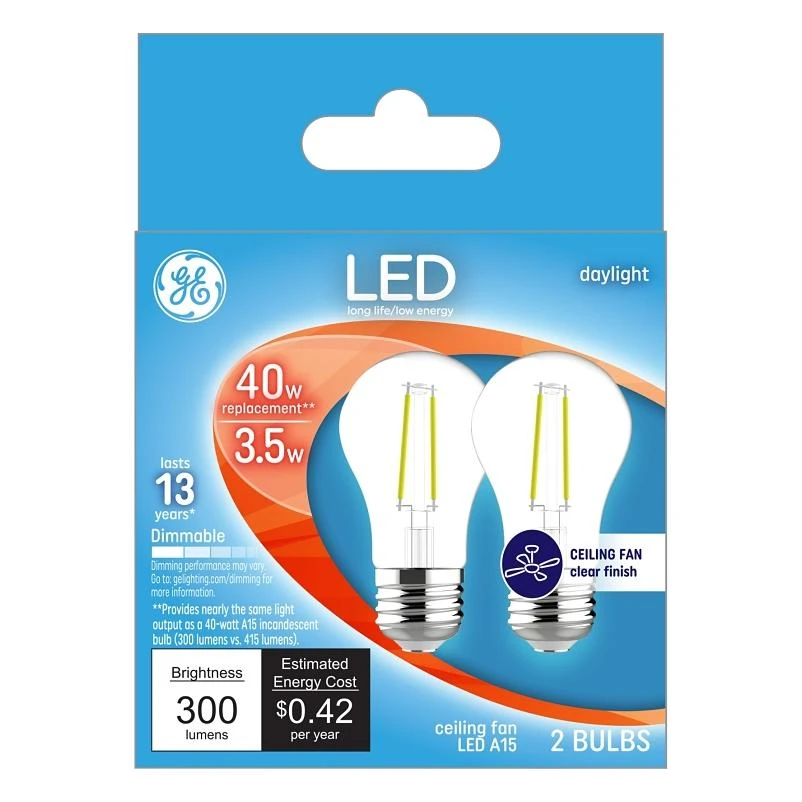 GE 28945 LED Bulb, General Purpose, 300 Lumens, 3.5 W, A15 Lamp, 40 W Equivalent, E26 Lamp Base, Dimmable, Daylight