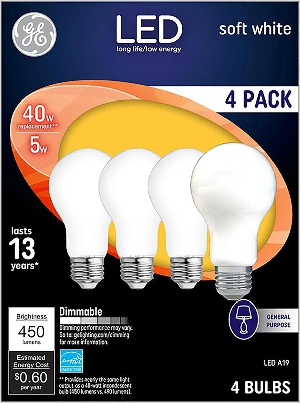 GE Industrial Solutions 93098311 LED Bulb, General Purpose, 450 Lumens, 5 W, A19 Lamp, 40 W Equivalent, Medium Lamp Base