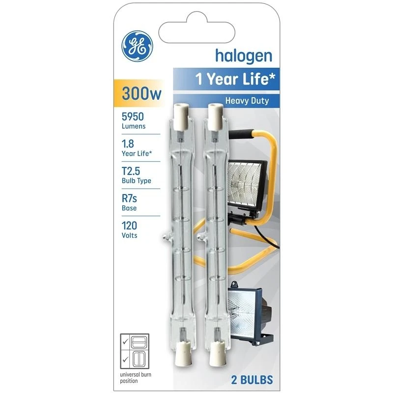 GE 85047 Halogen Bulb, 300 W, R7S Lamp Base, T2.5 Lamp, Clear Light, 5950 Lumens, 2950 K Color Temp