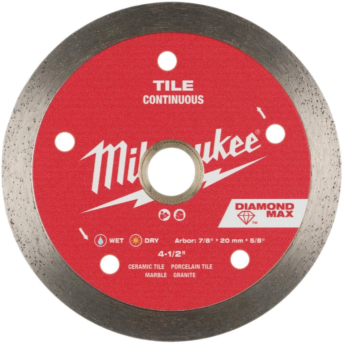 Milwaukee Diamond Max 4‑½" Continuous‑Rim Saw Blade – 7/8" Arbor, Wet/Dry Cutting