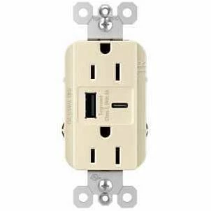 Pass & Seymour Duplex Outlet + USB Charger, Type A/C, Light Almond, 6.0A, 15-Amp
