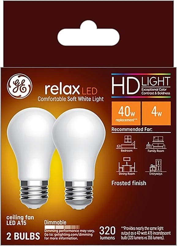GE Relax 31374 Replacement Bulb, High-Definition, A15 Lamp, 40 W Equivalent, Medium (E26) Lamp Base, Dimmable, White