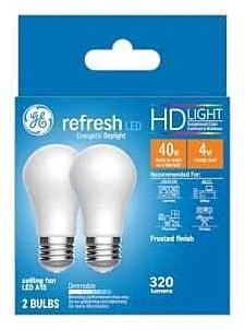 GE Refresh Series 31375 Replacement LED Light Bulb, A15 Lamp, 40 W Equivalent, E26 Medium Lamp Base, Dimmable, White