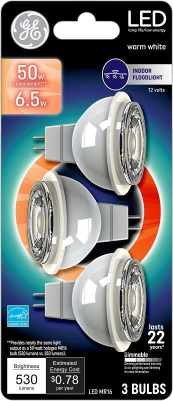 GE Industrial Solutions 93095550 LED Bulb, Track/Recessed, MR16 Lamp, GU5.3 Lamp Base, Dimmable, Clear, Clear Light