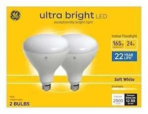 GE 93130764 LED Light Bulb, Ultra-Bright, BR40 Lamp, 165 W Equivalent, E26 Medium Lamp Base, Dimmable, Soft White