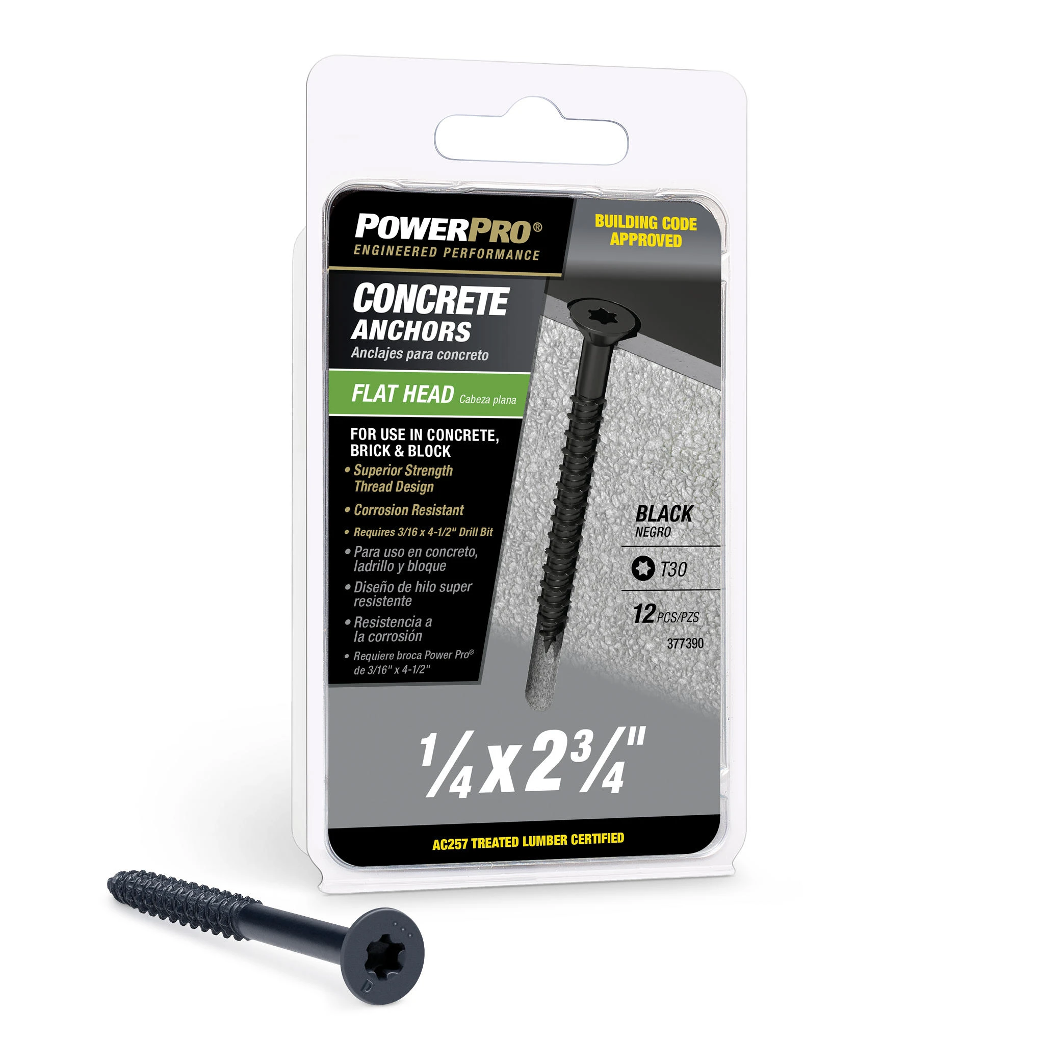 Power Pro Black Flat-Head Concrete Screw Anchors (1/4" x 2-3/4") - 12 pc