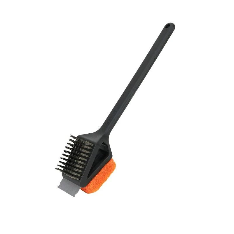 Dual-Head Grill Brush/Scrub Pad + Scraper, Long Handle