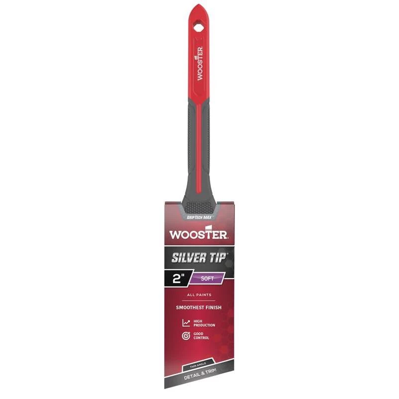 Wooster GRIPTECH MAX Silver Tip Thin Angle Paint Brush – 2" Wide, 2.6" Bristle, Rattail Plastic Handle