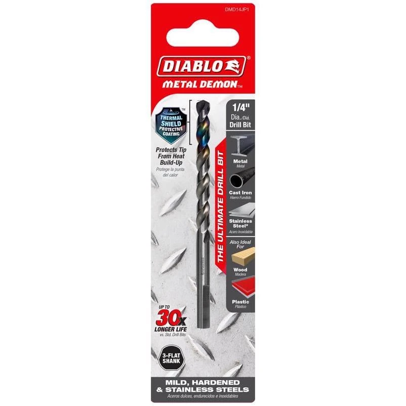 Diablo Metal Demon 1/4" x 4" Stainless Steel Drill Bit – 3‑Flat Shank