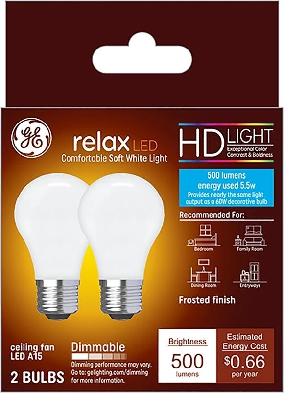 GE Industrial Solutions 36982 LED Bulb, General Purpose, 500 Lumens, 5.5 W, A15 Lamp, E26 Lamp Base, Dimmable, Frosted